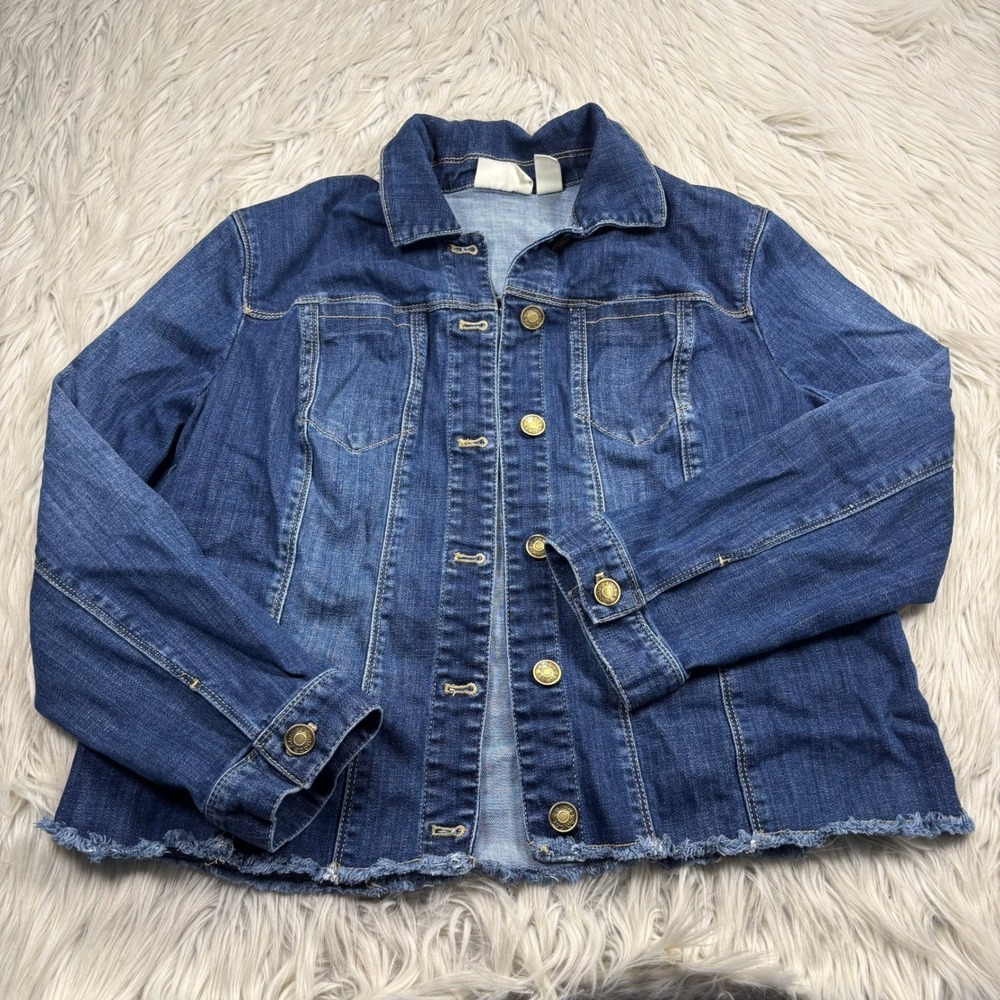 Chico's Women's LP (2P) Medium Wash Denim Jacket Raw Hem Classic Western Cowgirl